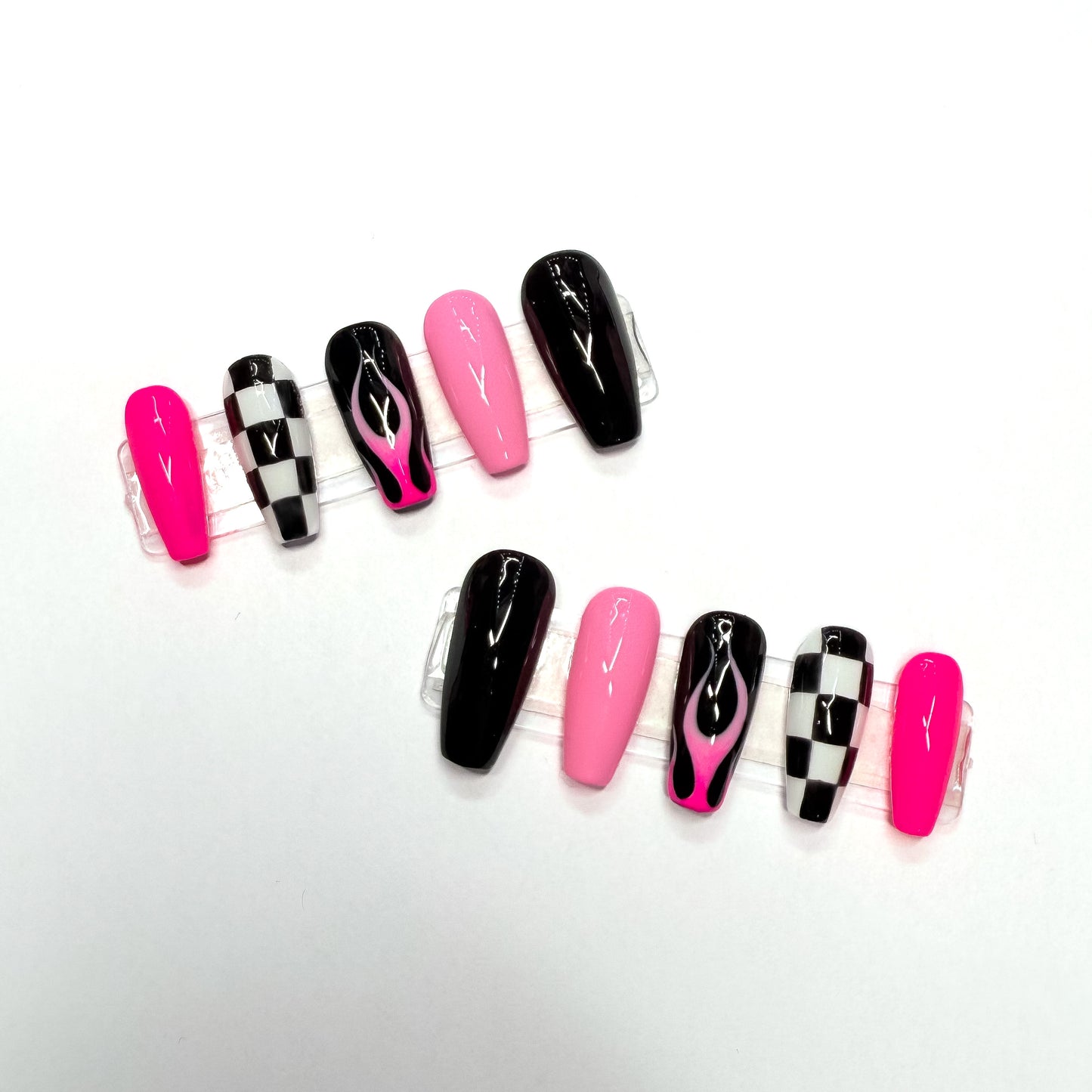 Flames & Checkerboard Press-On Nails
