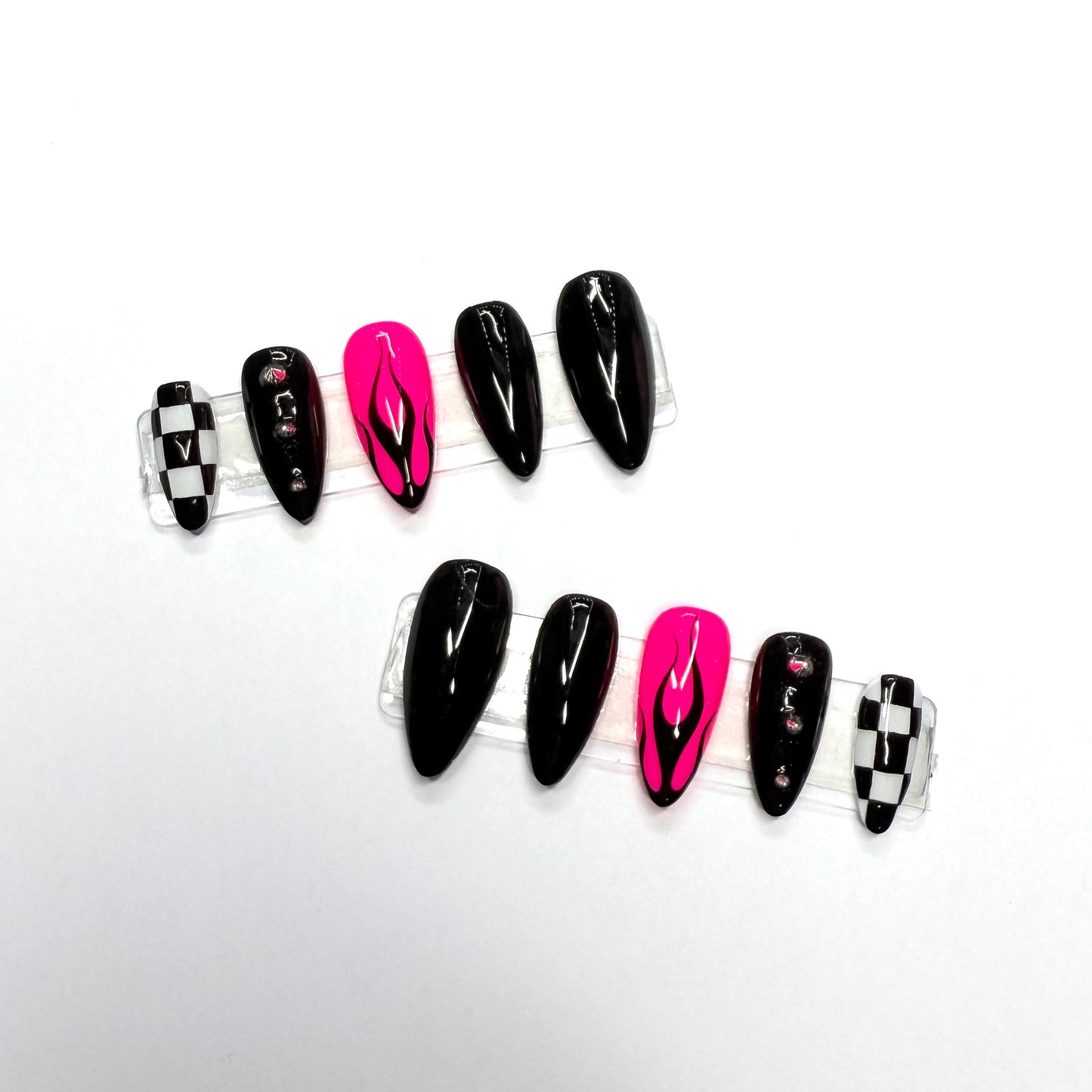 Neon Pink & Black With Spikes Press-On Nails