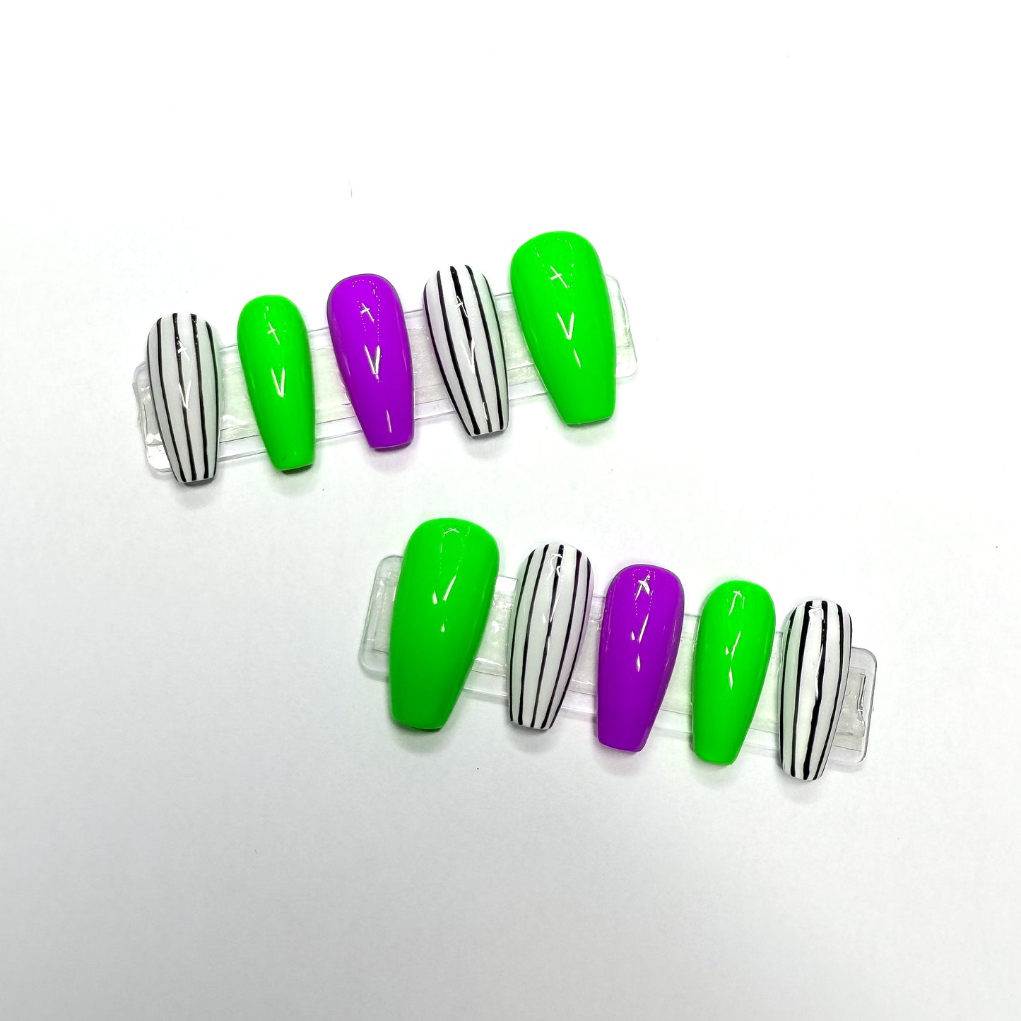 Black & White Stripes With Green & Purple Press-On Nails