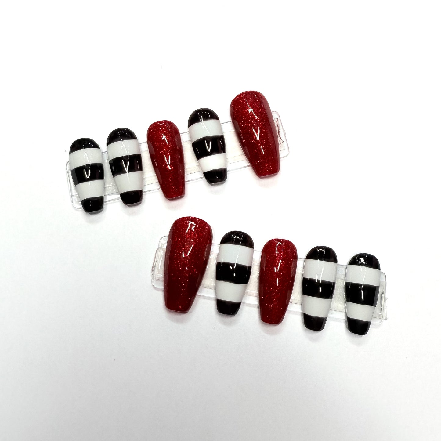 Black & White Stripes With Red Glitter Press-On Nails