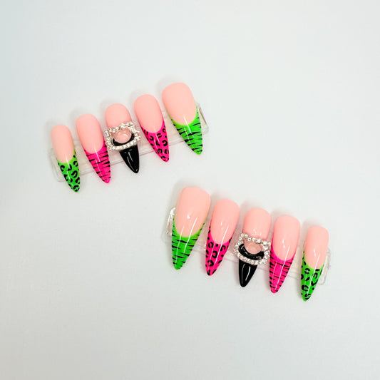 Y2K Pink & Neon Green Bling Press-On Nails