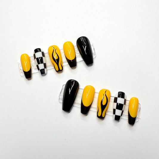 Yellow & Checkerboard Press-On Nails