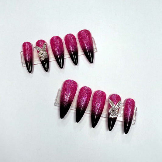 Pink Glitter With Black Ombre & Bunny Charm Press-On Nails